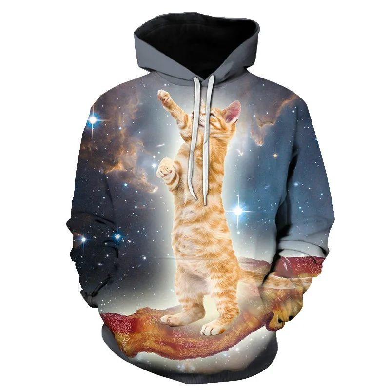 

2021 new men's long-sleeved hooded pullover, casual cartoon fun 3D printing cute cat pattern casual hoodie