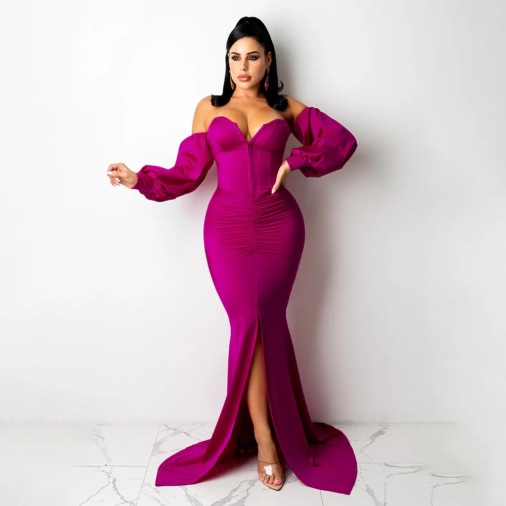 

Women Sexy Slash Neck Split Maxi Dress Vintage Off Shoulder Long Sleeve Luxury Corset Gown 2021Autumn Club Party Evening Dresses