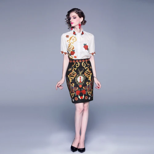 Модный летний костюм в винтажном стиле, женская рубашка с принтом из бисера и животных+ элегантная юбка с высокой талией и кисточками комплект из двух предметов