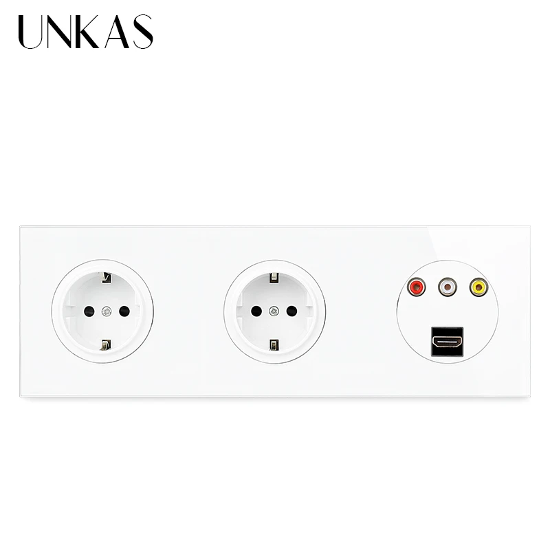 

UNKAS 16A Double EU Wall Socket + Female HDMI-Compatible 2.0 VIDEO L/R Channels Port Glass Panel Multimedia Adapter Outlet