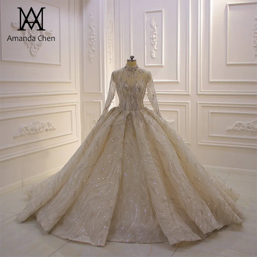 Блестящее свадебное платье цвета шампанского с длинным рукавом и высоким