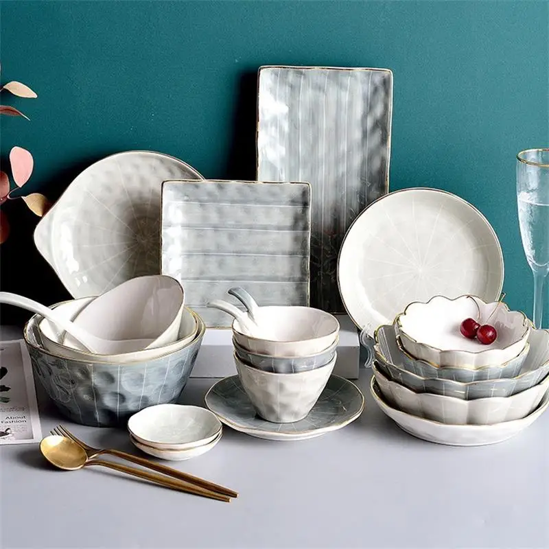 

Gold Rim Porcelain Dinner Plate Set Round Ceramic Serving Plate Dinnerware Set Plate Dish Bowl Tableware Set