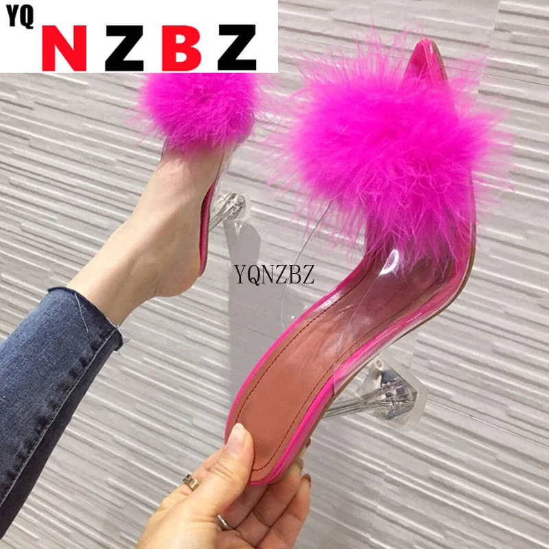 

Summer New 2021 Women Shoes Fashion High Heels Transparent Feather Crystal High Heels Pointed Sandals Baotou Women's Sandals