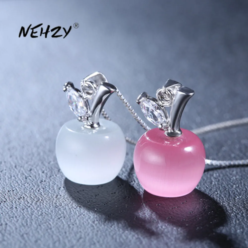 

NEHZY S925 Stamp Silver New Woman Fashion Jewelry High Quality Pink Opal Apple Shape Pendant Necklace Length 45CM