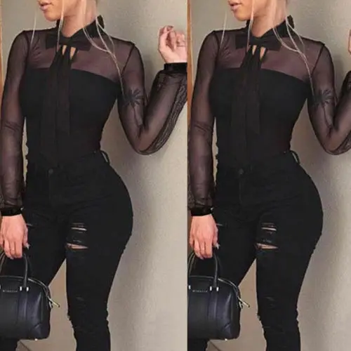 Ladies Sexy Elegant Mesh Bodysuits Women Long Sleeve O Neck Solid Lace Up Slim Skinny Club Party Fashion Leotard Rompers