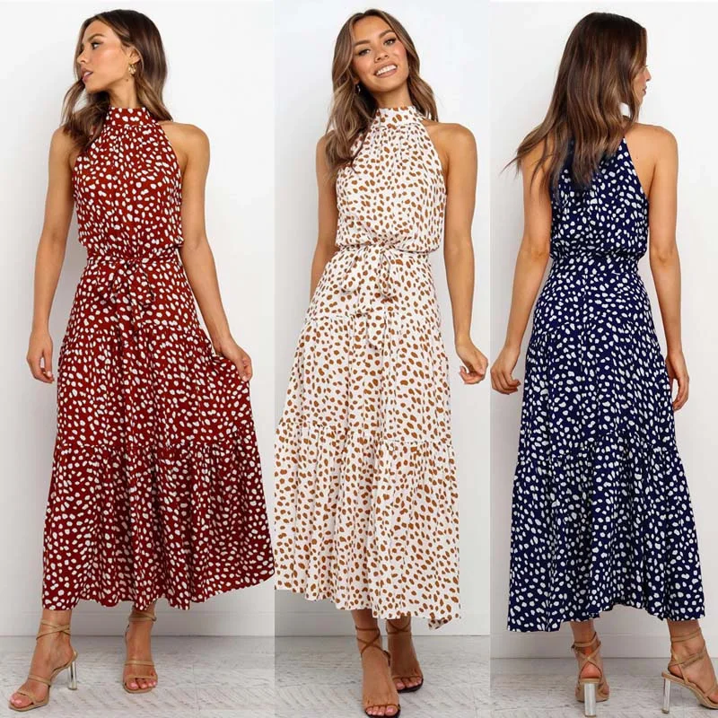 

Summer Elegant Beach Women Dress 2021 Long Print Flowers Polka-Dot Strap Halter boho Dress Vintage Party Ladies Dress