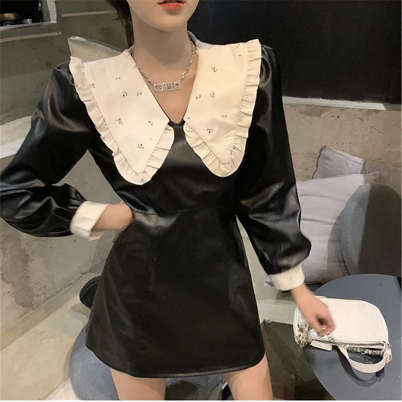 

Женское винтажное мини-платье из ПУ кожи, черное платье большого размера 4XL с длинным рукавом и воротником «Питер Пэн», приталенное платье в ...