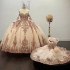 Блестящее розовое Золотое бальное платье, платья для Quinceanera со съемными рукавами, милое вечернее платье с аппликацией, 15