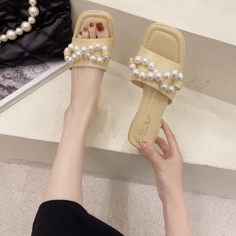 

Shoes Med String Bead Ladies' Slippers Summer Clogs Woman Square Toe Pantofle Luxury Slides Beach 2021 Designer Rubber PU Basic