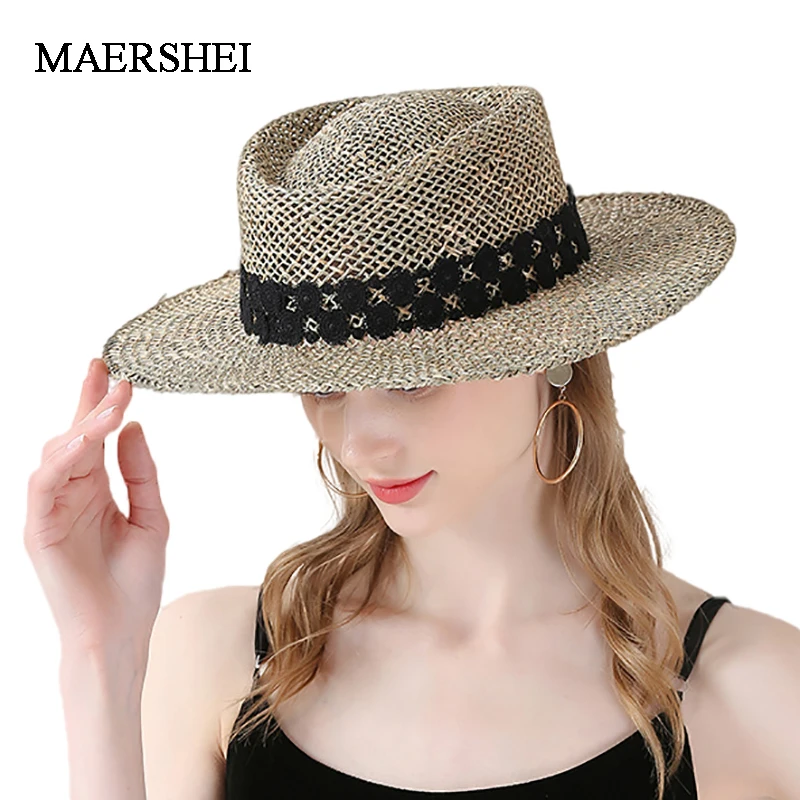 

Hat female summer hand-woven straw hat beach travel sunscreen sun hat French British flat top hat