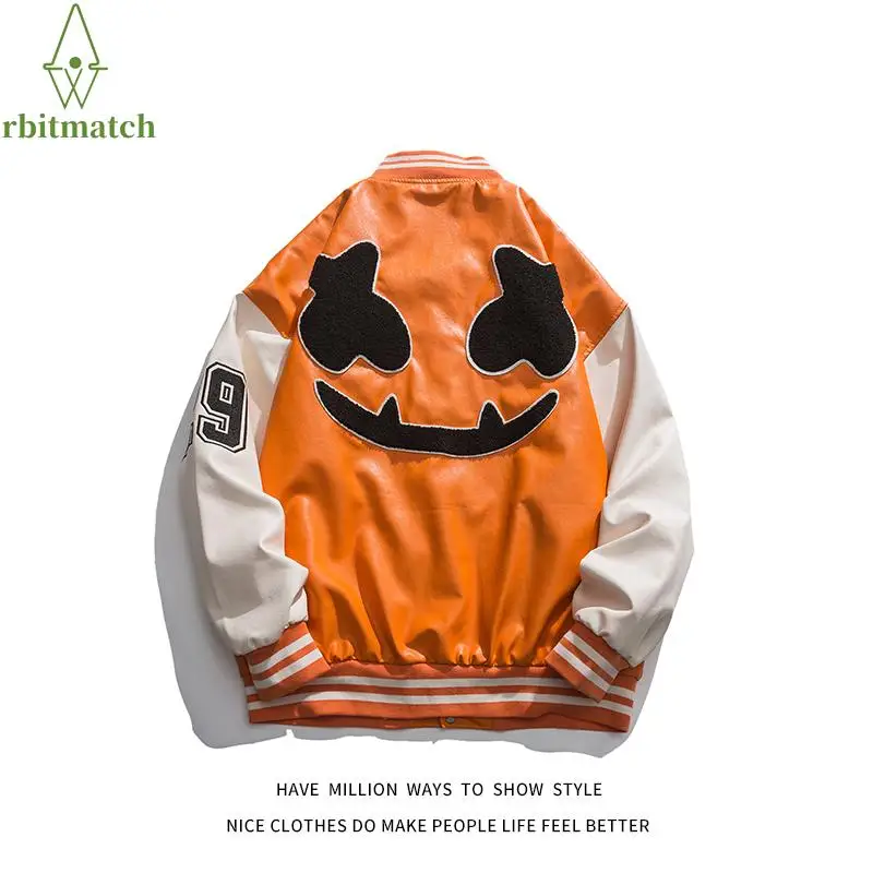 

College Jacket 2022 PU Leather Smiley Embroidery Motorcycle Jacket Men's Bomber Jacket Stadium Women's Varsity Letterman Coat