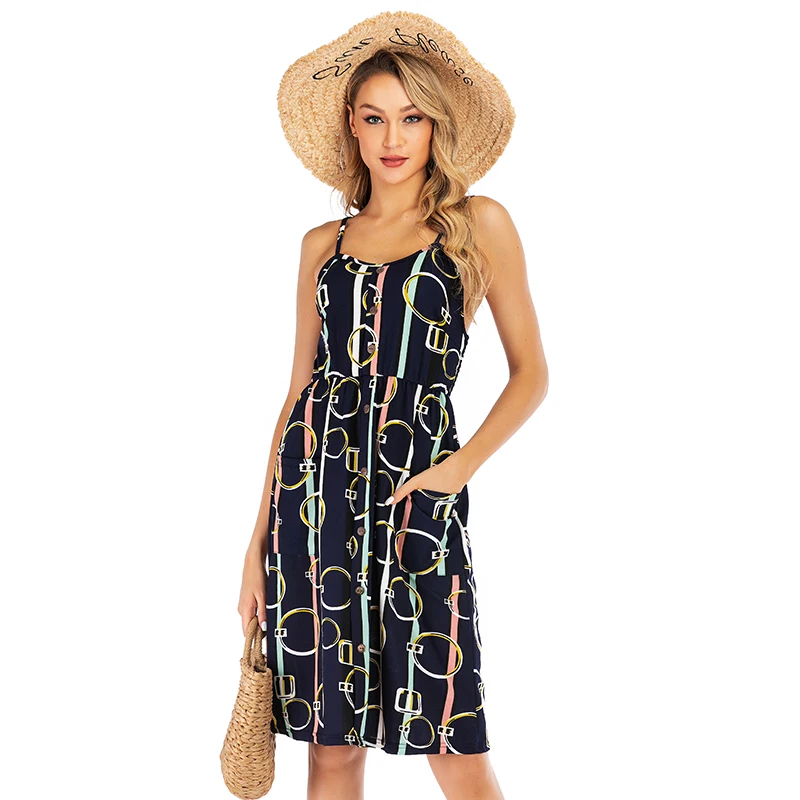 

Dress Women 2020 Fashion Sexy Dress Spring Summer Style Sexy Suspender Slim Circle Geometric Print Dress Women