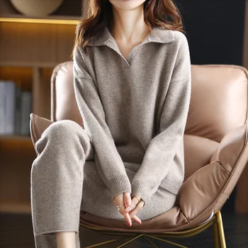 Cashmere suit women loose lapel sweater casual wide-leg pants knitted 100% pure wool two-piece suit 1