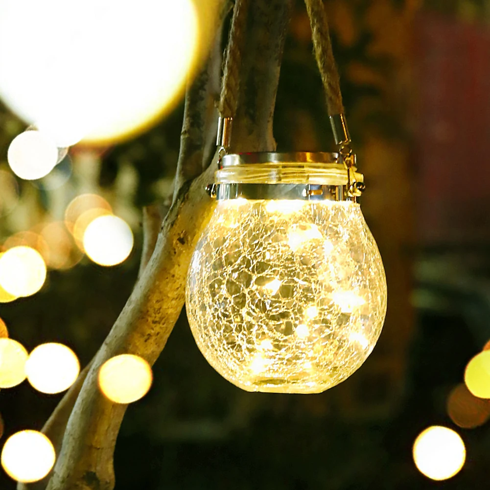

2pcs Patio LED Ball Light Outdoor Pathway Hanging Garden Decor Yard Holiday Lantern Romantic Solar Powered Cracked Glass