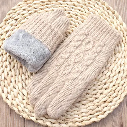 B32 beige Высококачественные осенние зимние женские вязаные перчатки, перчатки с сенсорным экраном, бархатные толстые теплые шерстяные кашемировые однотонные перчатки, Женские варежки - Цвет: B32 beige