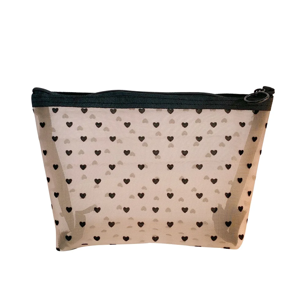 Mesh Cosmetic Makeup Bags Case Holder Cute Transparent Zipper Black Heart Printed Pencil Pen Pouch Convenient To Carry | Дом и сад