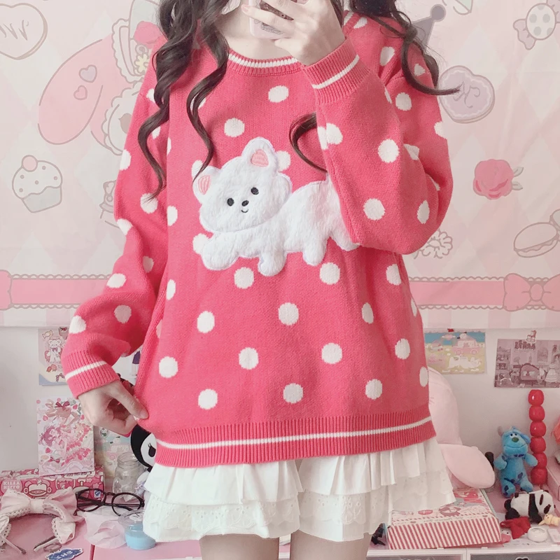 

Japanese Winter Preppy Style Soft Girly Kawaii Cartoon Wave Point Vintage Full Sleeve Knitting Keep Warm Pullover Pink Sweater