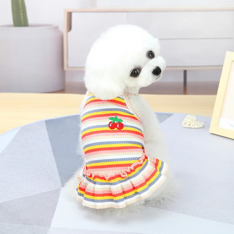 

Puppy Clothes Dog Skirt Pet T-shirt Dog Dress Cherry Embroidery Pet Summer Knitted Comfortable Fashion