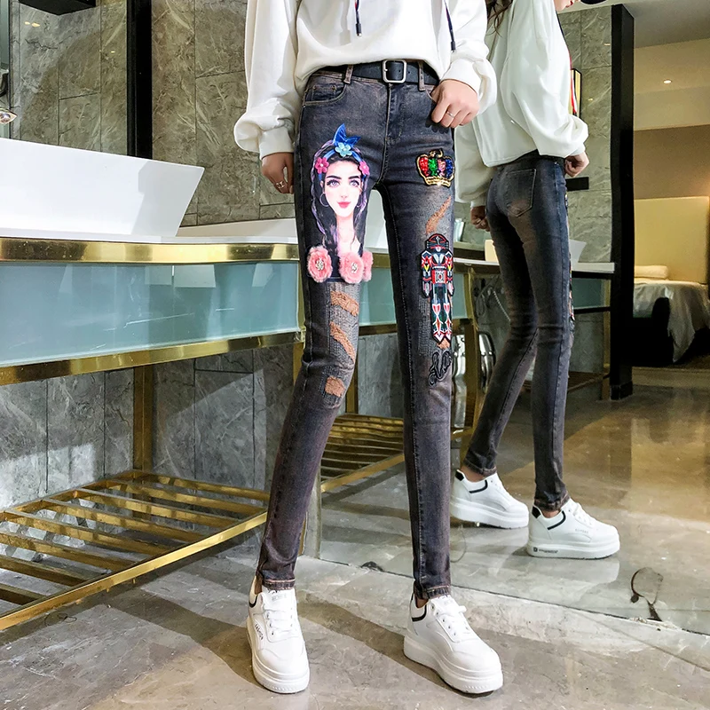 

Skinny Stretch Pants Autumn Jeans Women New Embroidery Cartoon High Waist Slim Pencil Pants Girls Ladies Jeans Vaqueros De Mujer