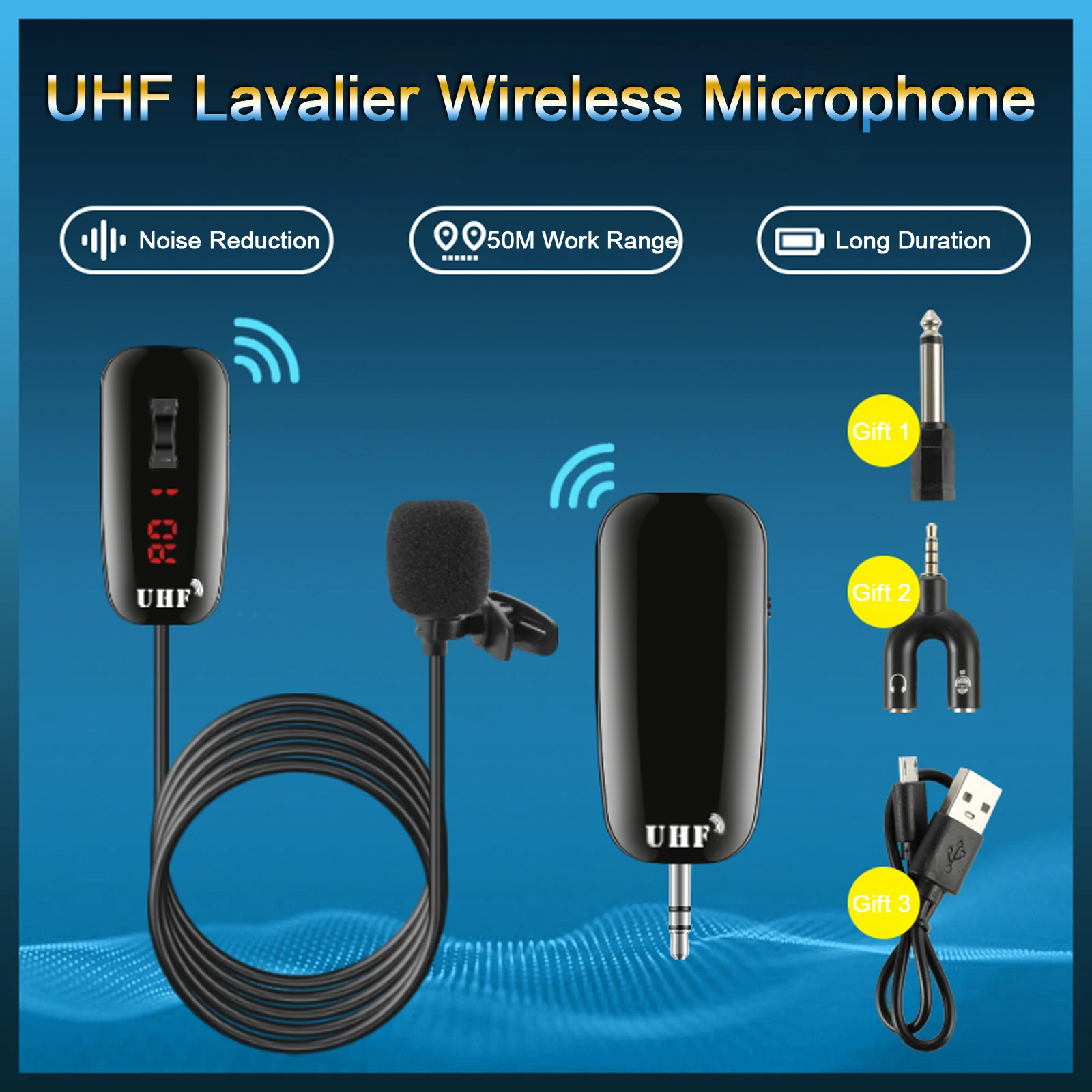 

UHF Lavalier Lapel Wireless Microphone Recording Live Stream Vlog For iPhone Android Phone PC 50m Range With Adapter DSLR