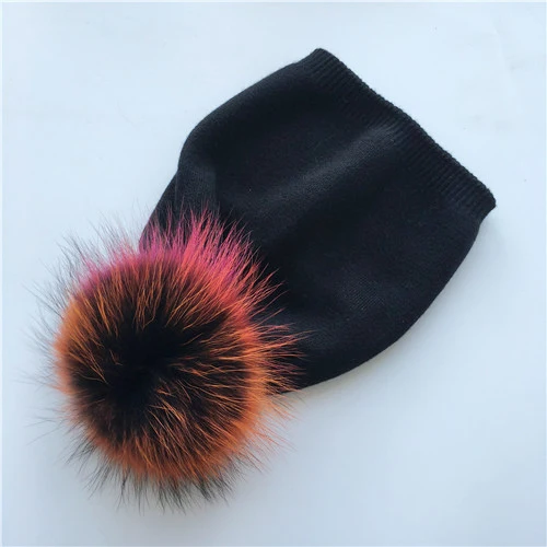 Black colorful fur Вязаная шапка из натурального меха енота с помпонами, женские шапки бини, кашемировая зимняя шапка, Женская хлопковая шапка Skullies, шерстяная шапка - Цвет: Black colorful fur