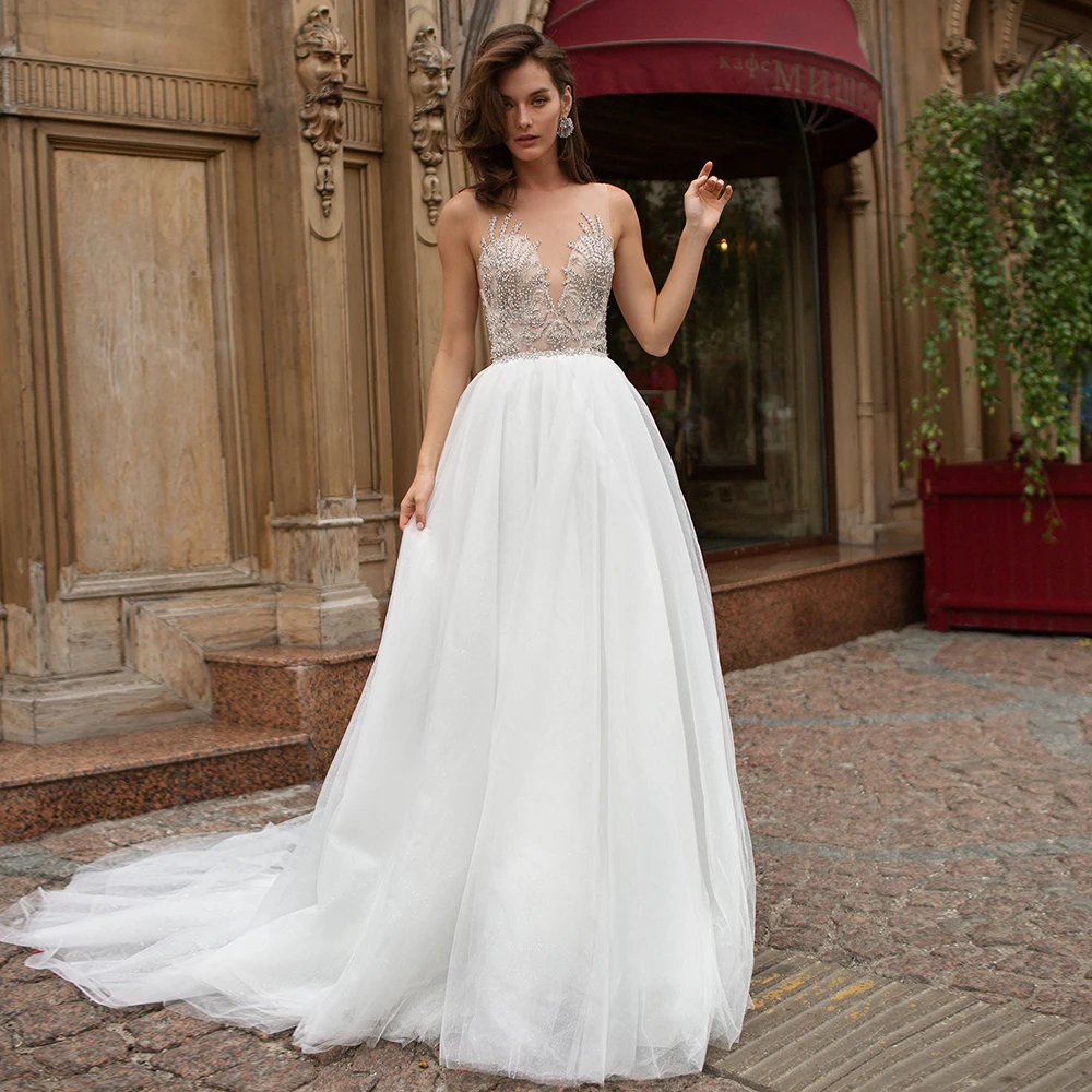 

Modest Summer O-neck Tulle Wedding Dress 2021 Sleeveless Applique Sweep Train A Line Bridal Gown with Beading