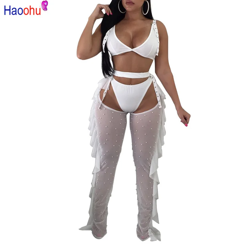 HAOOHU Sexy Outfits 3 Piece Set Women Summer Crop Top+Briefs Shorts+Beading Sheer Mesh Pants Suit Party Nightclub Matching Sets
