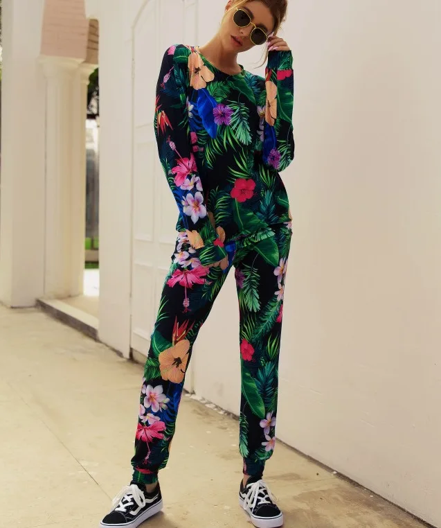 

Printed round neck fashion casual suit multi-color women's clothing