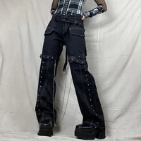 weiyao hole punk streetwear black cargo jeans fairycore women chain pockets patchwork grunge y2k straight jeans denim low waist