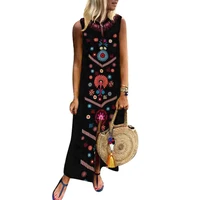 70 hot sell boho plus size summer beach floral print lady split sleeveless kaftan maxi dress