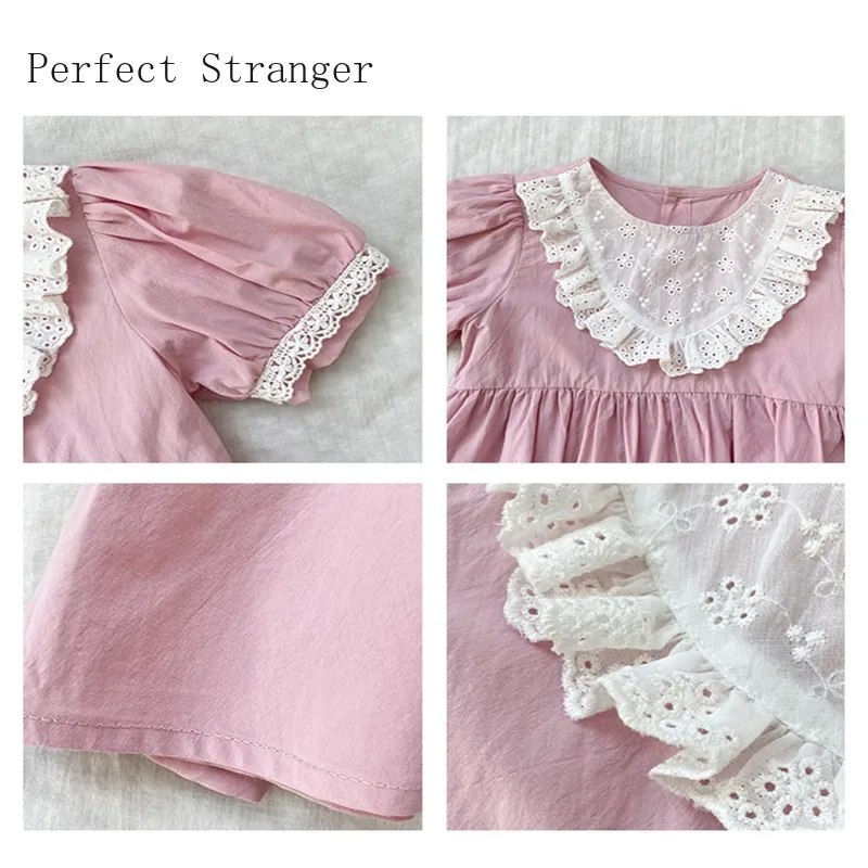 

2021 Summer New Arrival Kids Dresses Hot Sale Round Collar Lace Puff Sleeve Baby Girl Cotton Dress