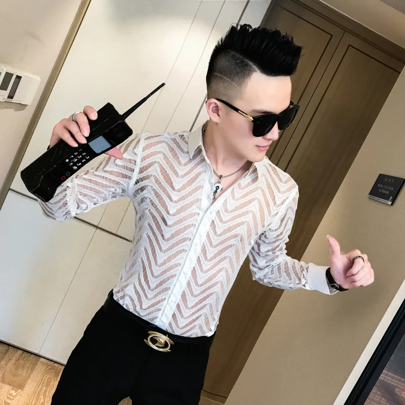 Transparent Shirt Summer Short Sleeve Shirt Camisa Hombre Stitching Stripe Shirt See Through Shirt Men Chemise Homme Marque Luxe