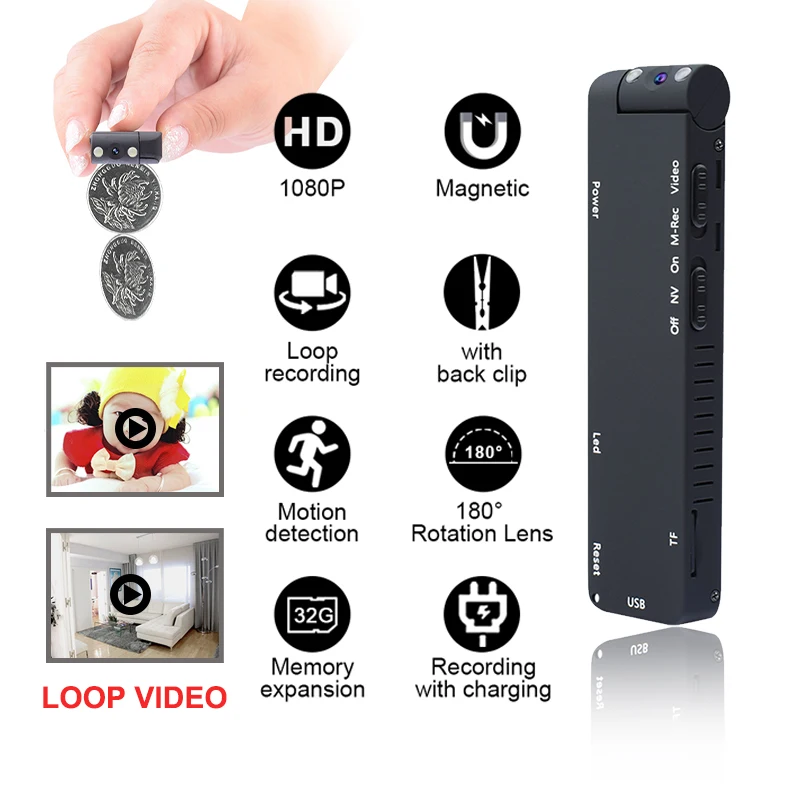 

Мини-камера HD 1080P, Вращающийся объектив, видеокамера, движение DVR, микро-корпус, фотокамера, циклическая запись, видеокамера с зажимом
