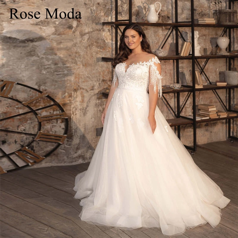 

Rose Moda Beaded Lace Cap Sleeves A Line Plus Size Wedding Dress with Sash Custom Make