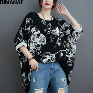 Летние платья DIMANAF размера плюс женская блузка, винтажный Топ, туника с цветочным принтом, Свободная Повседневная Блузка оверсайз, женская одежда
