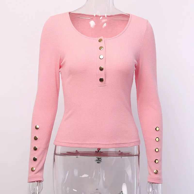 WannaThis, однотонный ребристый Трикотажный свитер с v-образным вырезом на пуговицах, Женская осенне-зимняя тонкая эластичная Сексуальная элегантная облегающая розовая футболка с длинным рукавом