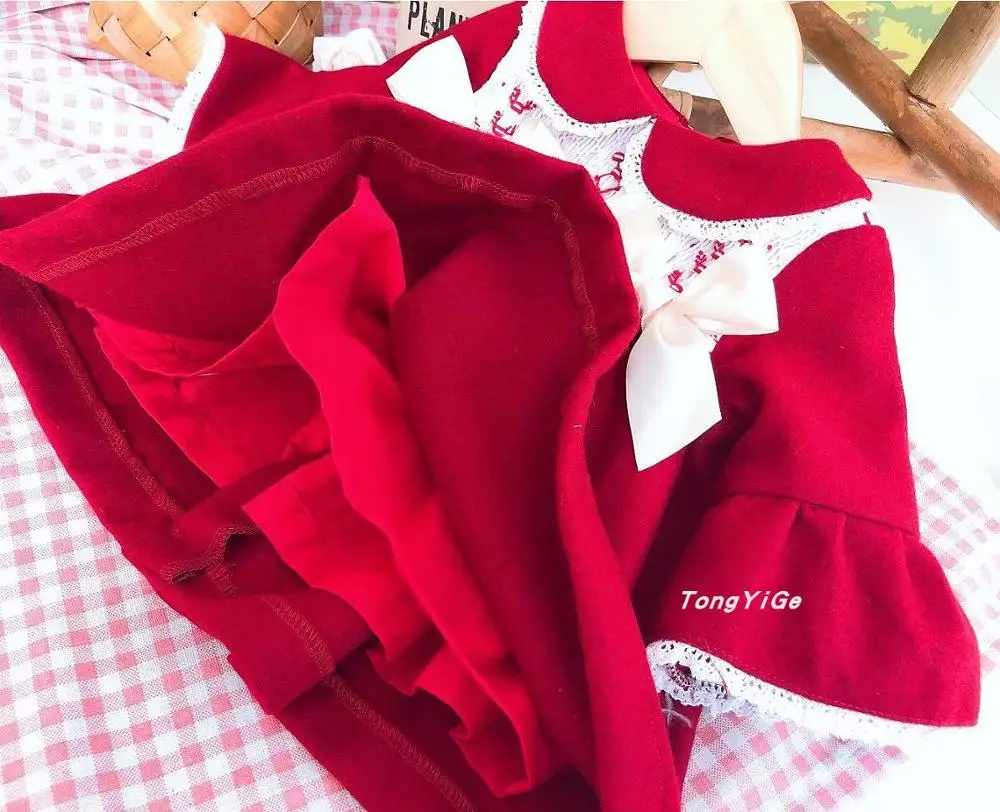 

baby girl vintage Spanish smocked wool blends princess kids flare sleeve new year Charistmas party bow red princess dress