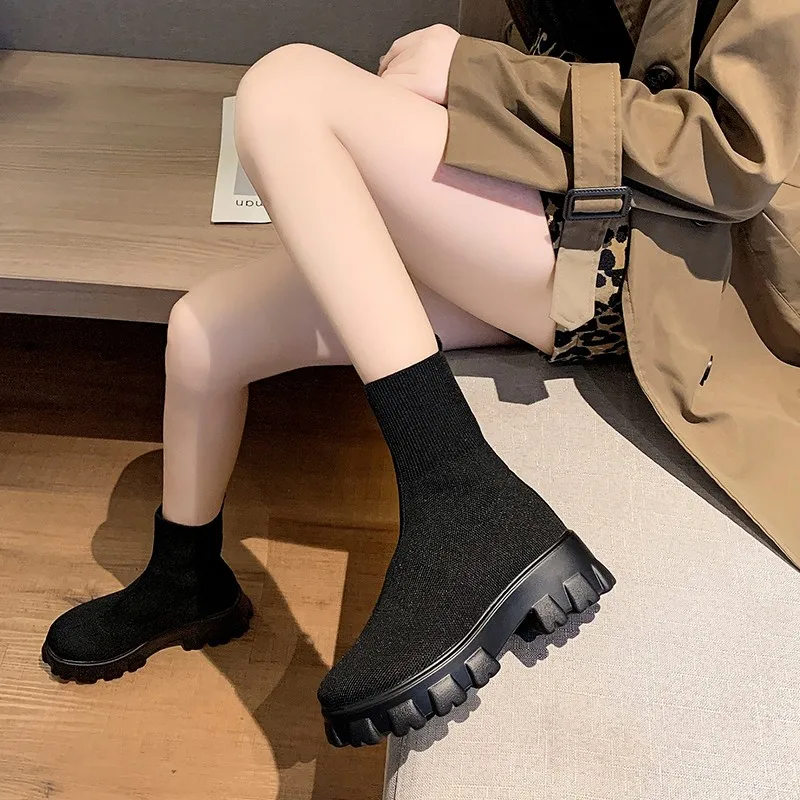 

Women Shoes Chunky Platform Sock Boots Rubber Stretch Fabric Botas De Mujer Ladies Mid-Calf Thick Heel Chelsea Biker Booties