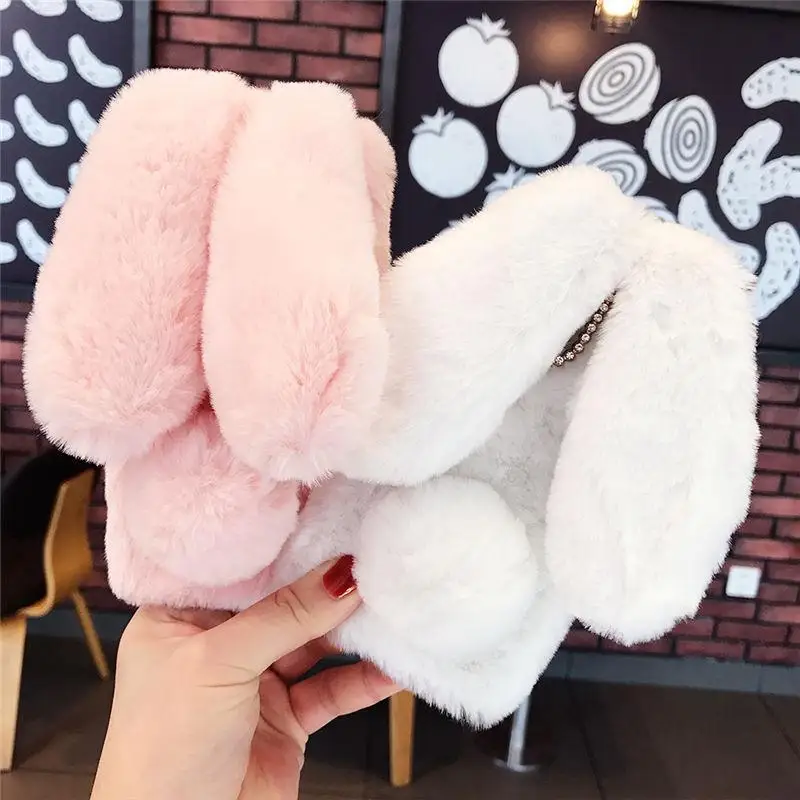 

Cute Rabbit Ears Fur Plush Phone Case For iPhone XS Max XR X 11 Pro Max 12 Pro Warm Cover For iPhone 6 6S 7 8 Plus SE 2020 Cases