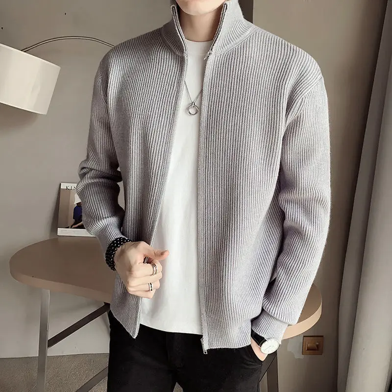 

2022 Men's New Spring and Autumn Stand Collar Striped Cardigan Sweater Teenagers Casual Zipper Sweater
