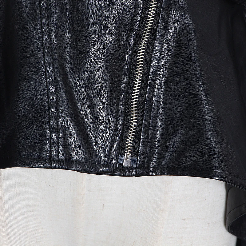 

VGH Black PU Leather Jacket For Women Lapel Long Sleeve Patchwork Pocket Casual Jackets Female Fashion New Clothing 2021 Tide