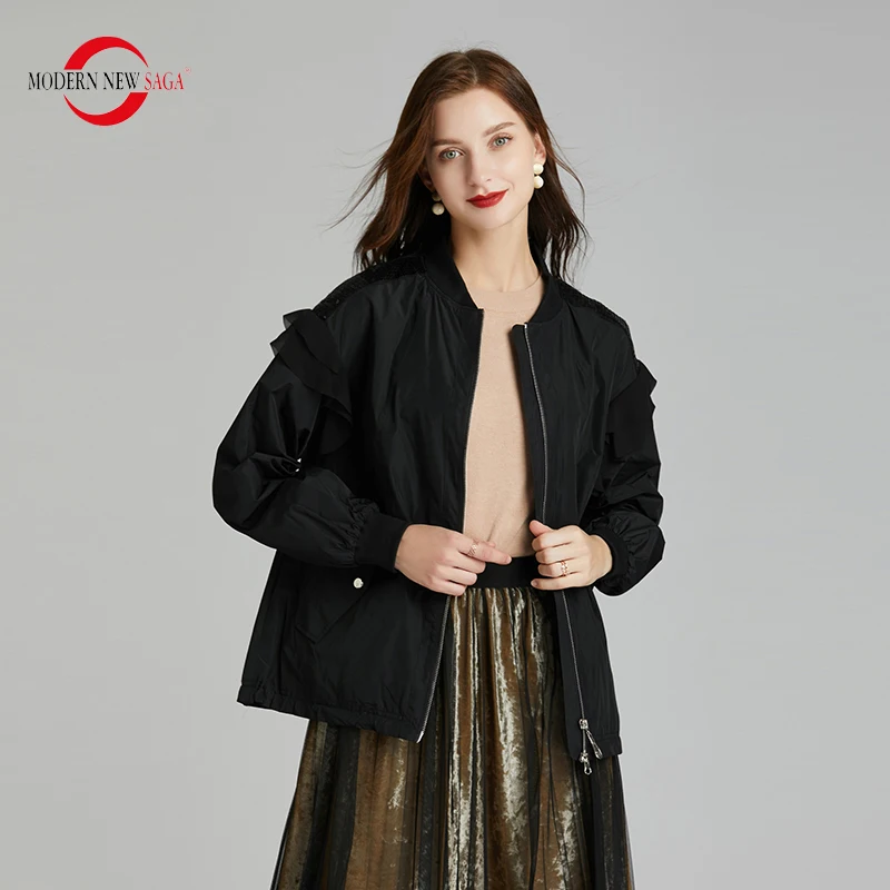 MODERN NEW SAGA Women Bomber Jacket Spring Women Jackets Fashion Women Coat Brand Autumn Casual Lady Jacket Rib Cuff Zipper Y2K