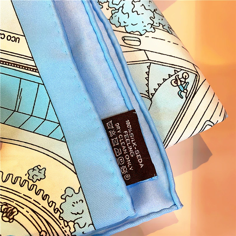 

90cm Beach City Foulard Twill Silk Scarf Women Square Shawl Brand Hijab Scarf Bandana Leopard Handmade Curled Head Scarves stole