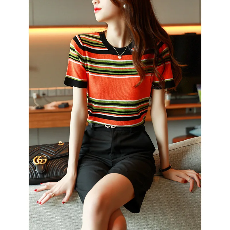 

Summer Knitted Thin Cool Women Sweater Pullover Breathable Orange Green Stripe O Neck Short Sleeve Office Ladies Elegant Tops
