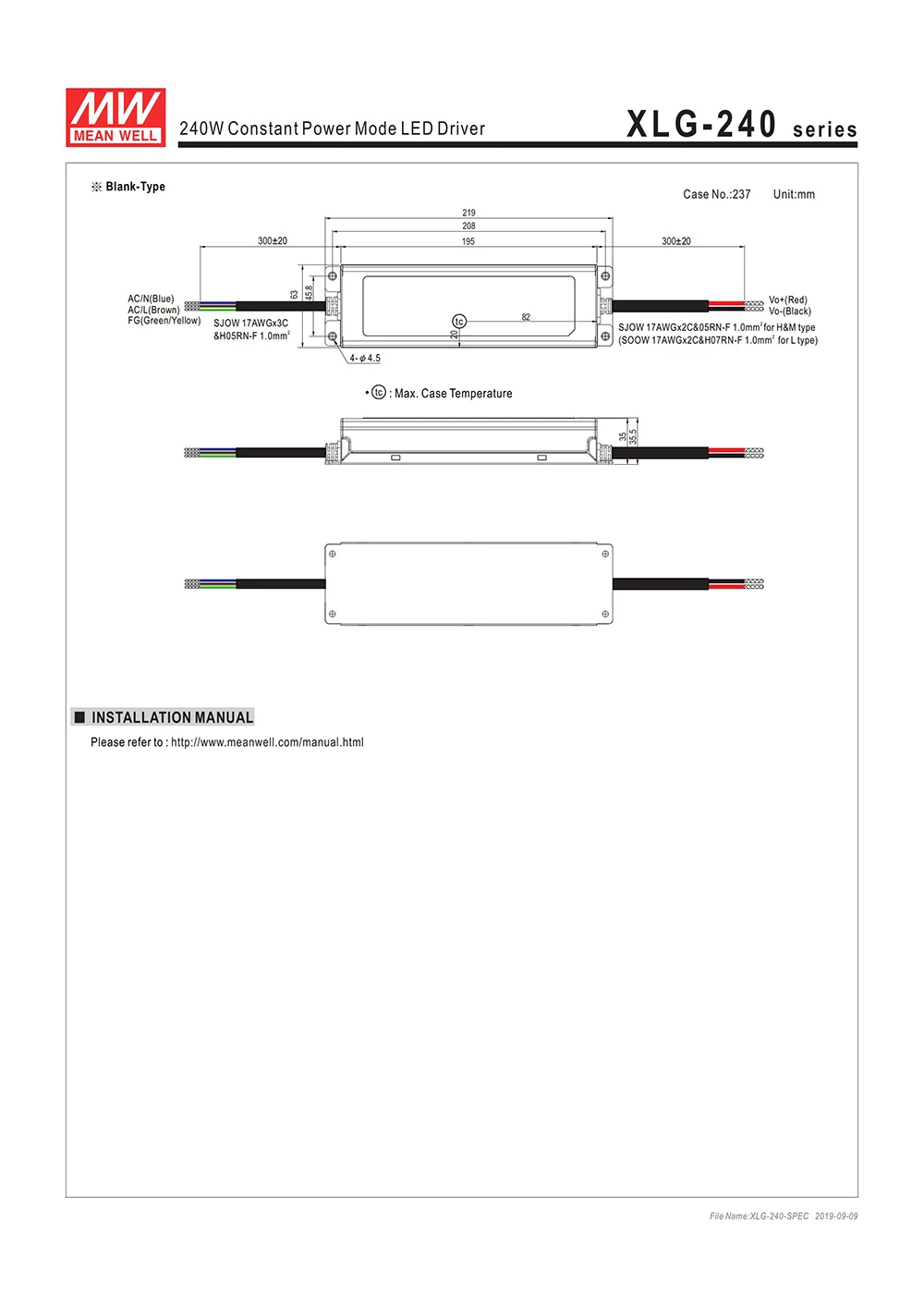 MEAN WELL XLG-240-H-A 240W 27-56V 4,28~ 6.66A CC mode светодиодный драйвер, светодиодный источник питания, регулируемый