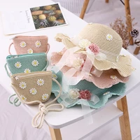 2020 new parent child straw hat two piece set of stylish all matching flower beach resort straw hat hand woven hat and bag set