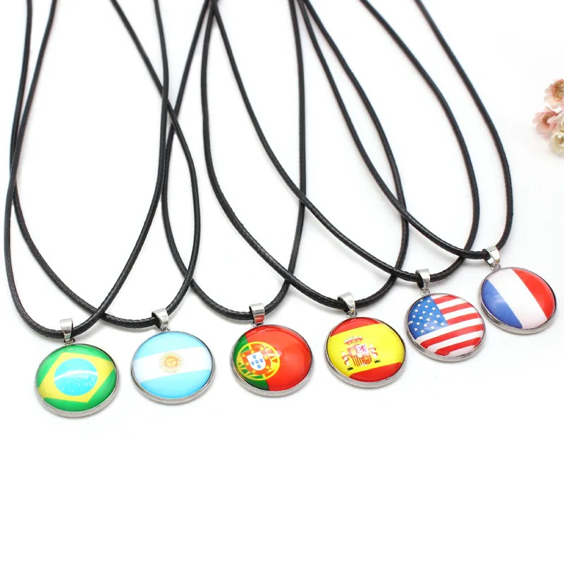 

Explosive Football World European Cup Flag Necklace Men's and Women's Stainless Steel Pendant Leather Cord Necklace