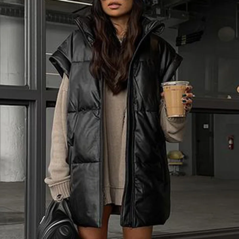 

Spring sipping black vests women's fashionable women's plutonium coats elegant in straight line women's leather ladies