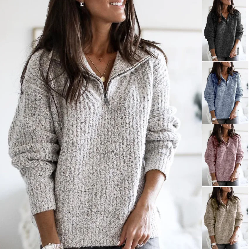 Европейский и американский осенне зимний вязаный свитер на молнии с длинными