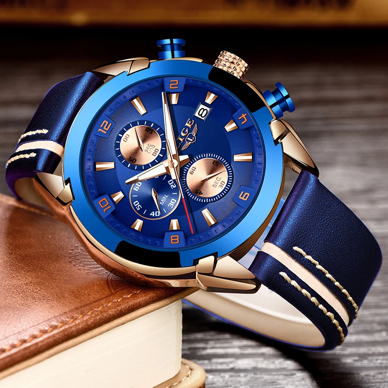 Часы наручные LIGE Мужские кварцевые брендовые Роскошные модные